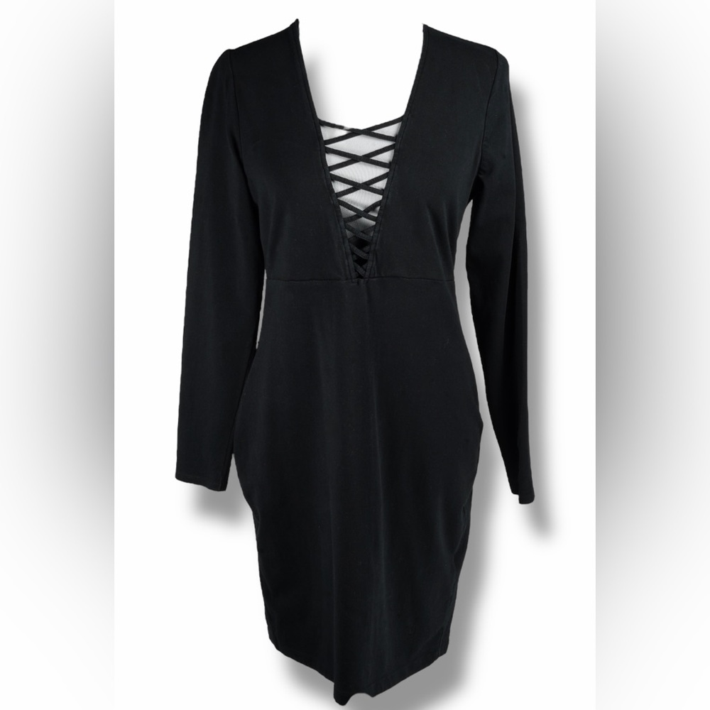 Express Women’s Black Deep V-Neck Long Sleeve Classic Bodycon Dress – Size L - Picture 3 of 17